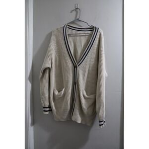 Lucky‎ Brand Beige Knit Cardigan Navy Stripe Collar Cuffs Pockets M